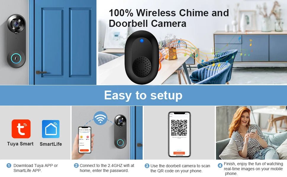 Smart-Dwelling - 1080P Wireless WIFI Doorbell Video Intercom with Camera, Tuya Smart Home Integration, PIR Motion Detection