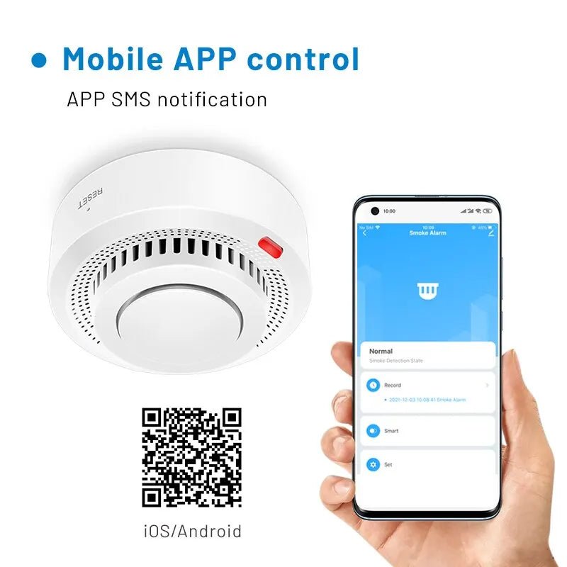 Smart-Dwelling - Tuya WiFi and Bluetooth Smoke Detector Fire Alarm Home Security System Compatible with Google Home and Alexa