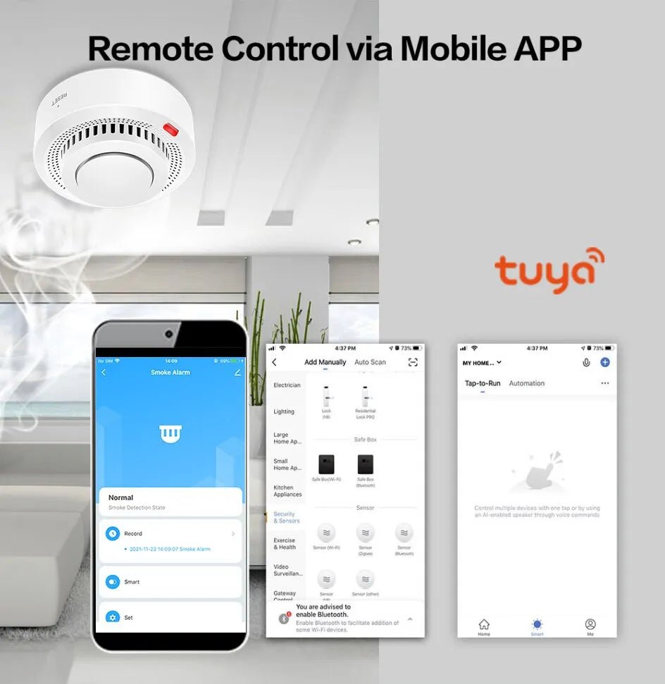 Smart-Dwelling - Tuya WiFi and Bluetooth Smoke Detector Fire Alarm Home Security System Compatible with Google Home and Alexa