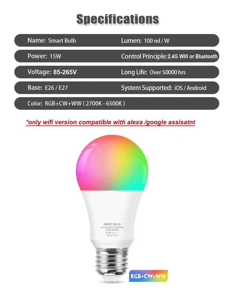 Smart-Dwelling - Tuya Wifi/Bluetooth Smart Bulb Led Lamp RGB 110V 220V Alexa and Google Assistant Smart Life
