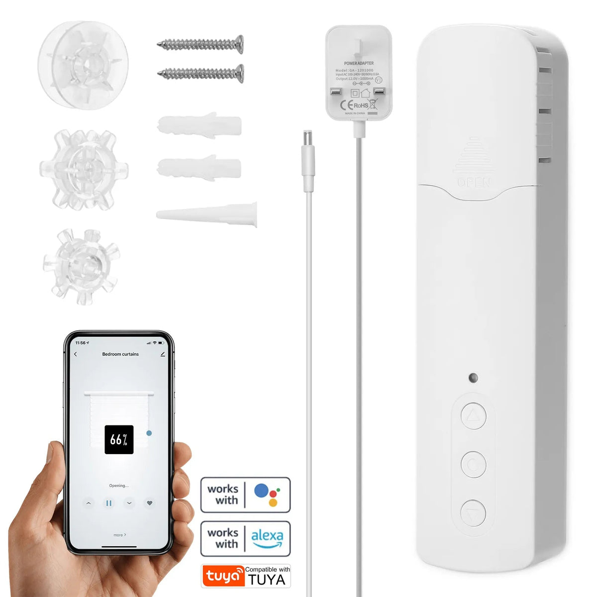 Smart-Dwelling - Tuya WiFi Smart Electric Curtain Motor: Chain Roller Blinds, Pull Bead Curtain Switch System for Alexa and Google Home Voice Control, Direct Power